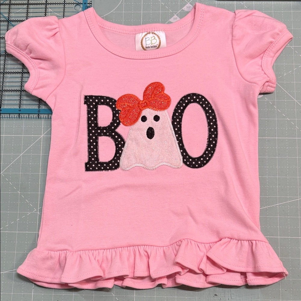 Pink Halloween 'BOO' Ghost Ruffle Tee with Orange Bow
